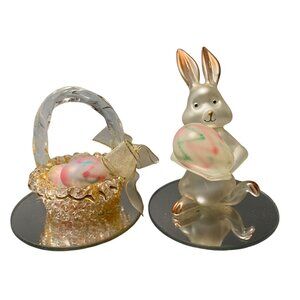 Blown Glass Easter Bunny Figurine & Basket with Eggs on Mirror Base